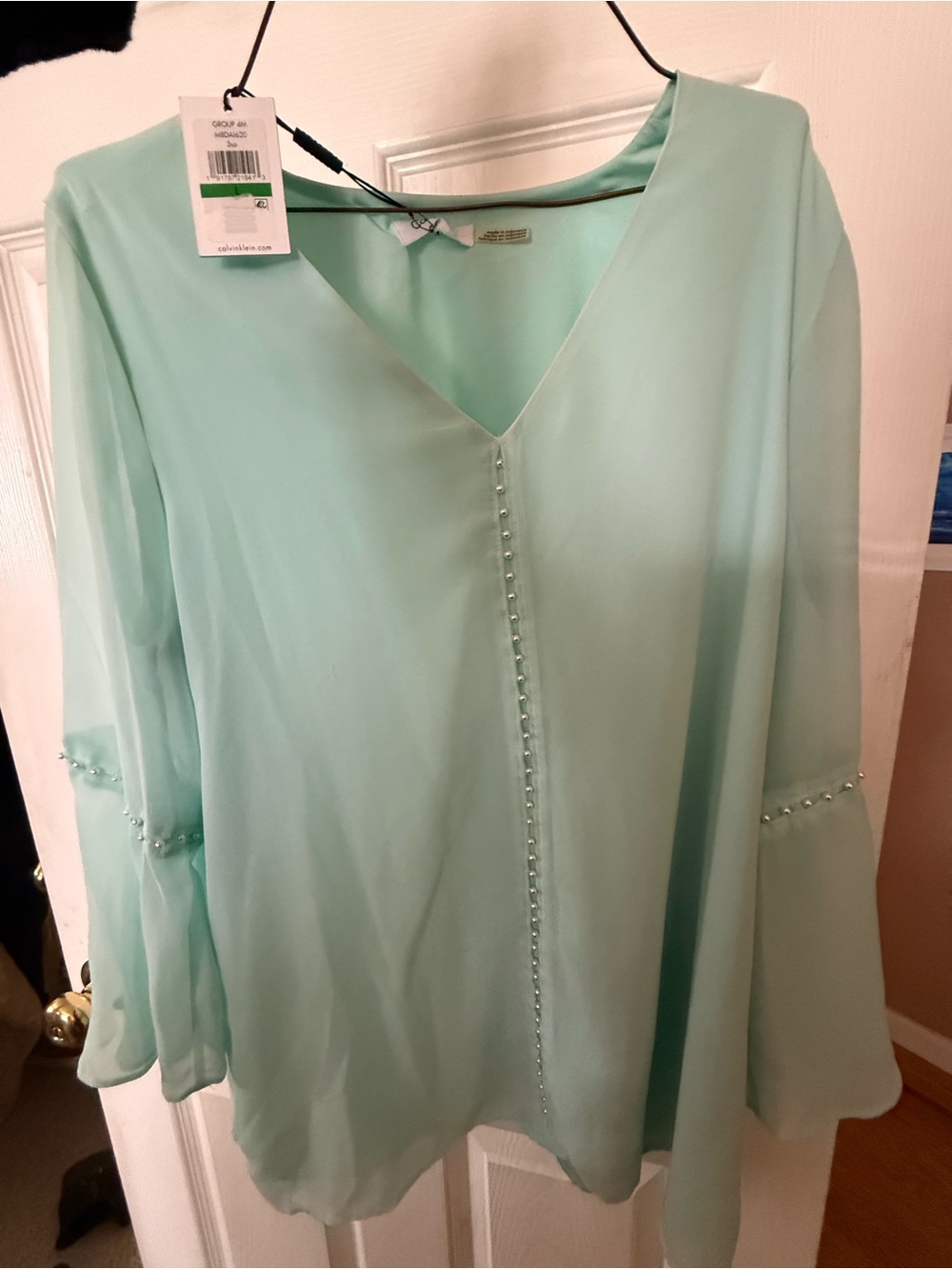 Calvin Klein Mint Green Beaded Chiffon V-Neck Blouse